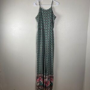 Farm Rio Womens Large Geometric Floral Print Wide‎ Leg Jumpsuit Green Pink